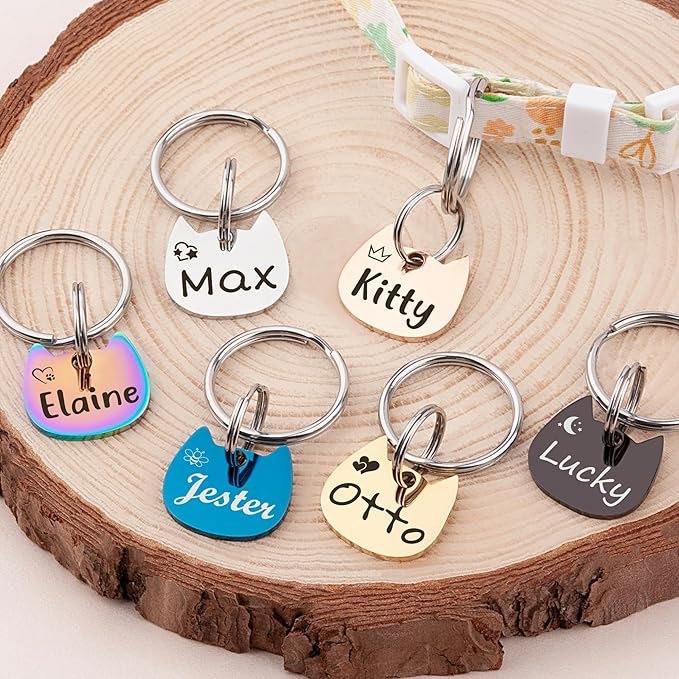 Anavia Small Size Dog Cat ID Tags, Small/XS Personalized Color Plated Stainless Steel Puppy Kitten Name Tags, Customized Engraved Nameplate Pet Collar Tag (Blue, Cat Head)