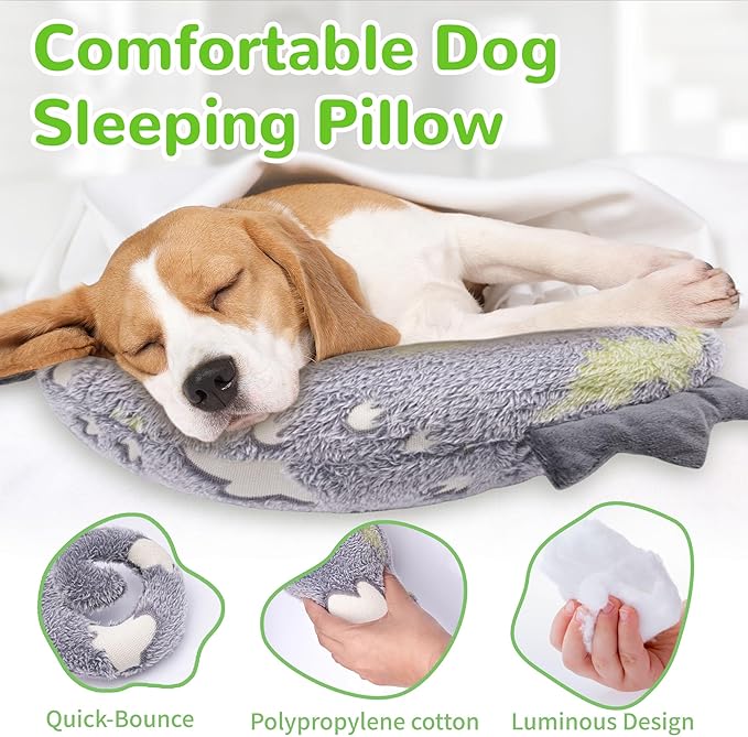 Dog Calming Pillow - Cute Soft Animal Pillow for Dogs, Cats, Kids, Adults, Washable Cozy Relaxing Pet Bed Pillow, Glow in The Dark Dog Neck Pillow (Grey, Medium)