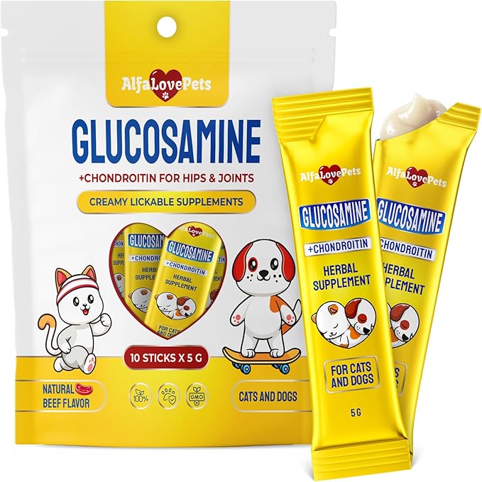 Glucosamine for Cats Maintains Strong Muscular System, Ligaments, Hips – Squeezable Cat Joint Supplement with Chondroitine, MSM, Taurine – Lickable Formula with Natural Beef Flavor in 10-Sticks Pack