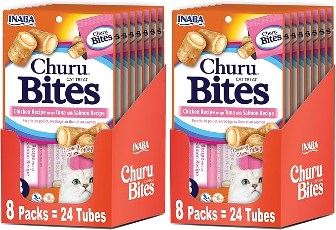 INABA Churu Bites for Cats,Soft Baked Chicken Churu Filled Cat Treats with Vitamin E,0.35 Ounces Each Tube,48 Tubes Total,Tuna with Salmon Recipe, 3 Count (Pack of 16)