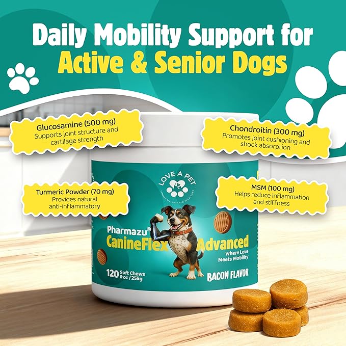Advanced Hip & Joint Support – Joint Supplement for Dogs Bacon Flavor Soft Chews; MSM & Turmeric for Mobility & Glucosamine for Dogs – Dog Vitamins and Supplements, 120 Chews