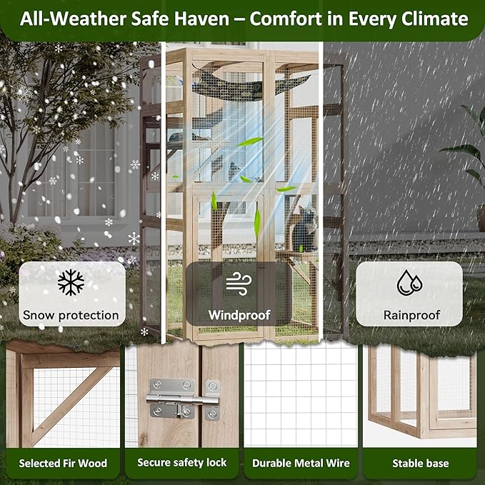 64 Inch Catio Outdoor Cat Enclosure, Large Cat House for Outdoor Cats with Updated Framework Structure, Outside Cat Patio Cattery Weatherproof for Multiple Cats, Natural