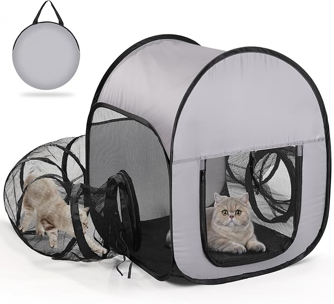 Outdoor Cat Playpen with Tunnel - Escape-Proof, Breathable & High-Visibility Mesh, Foldable Pet Playpen for Backyard, Camping, Travel