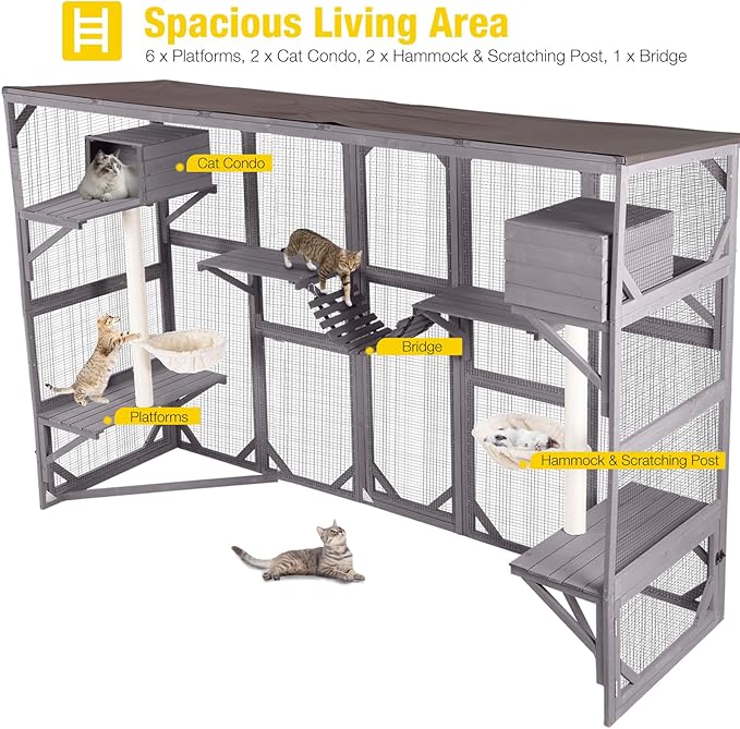 Aivituvin Catio Outdoor Cat Enclosure Window Large Cat Patio 3 Tiers with 6 Platforms and 2 Scratching Posts for Cats House 104" L