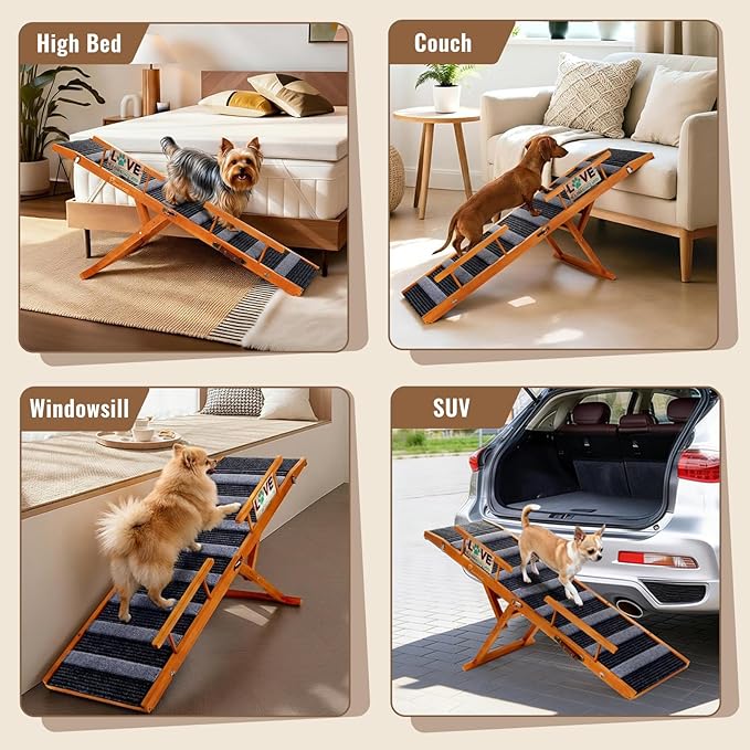 Pawaboo Dog Ramp for Small Dog, 57'' Foldable Dog Ramp for Bed, 5 Adjustable Height from 19.7'' to 30'', Portable Stable Pet Steps with Dogs Tag & Safety Side Rails, Pet Ramps for Bed Couch, Walnut