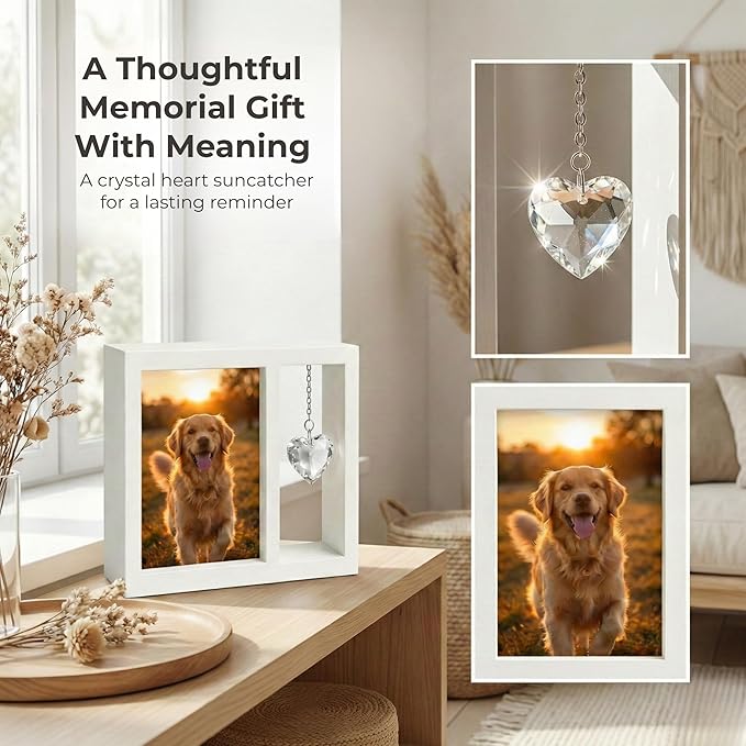 Dog Memorial Gift for Loss of Dog – 4x6 Wooden Photo Frame with Crystal Heart Suncatcher, Pet Memorial Picture Frame Keepsake
