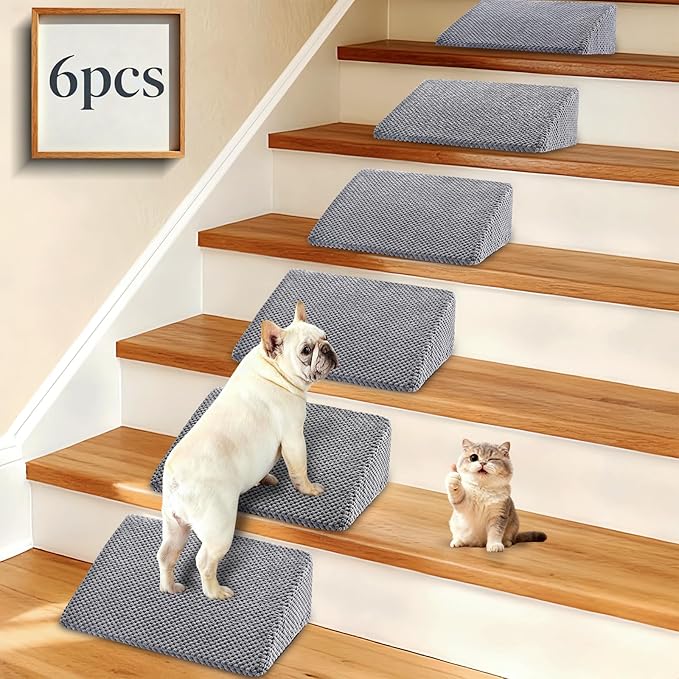 Dog Ramp for Stairs for Small & Senior Dogs and Cats – Non-Slip Stair Wedges for Dogs with Gentle Slope, Pet Ramp with Washable Cover & Self-Sticky Pads for Safe Climbing (Gray, 6 Pack)