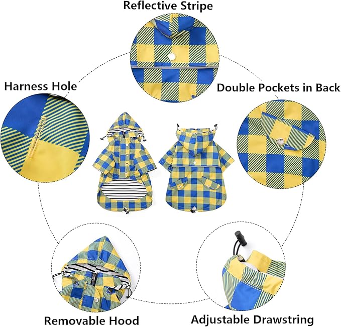 Dog rain Coat Waterproof Raincoat Puppy Jacket with Legs Buttons Zipper Hood Drawstring Fit for Yorkie Terrier Schnauzer Poodle Border Collie Labrador Golden Retriever 8lbs to 80lbs Yellow XL