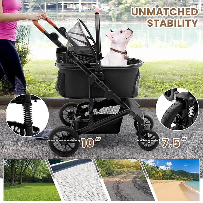 Pet Stroller for Medium Dogs, Smooth-Ride Dog Stroller with Detachable Carrier, Rubber Wheels, Car Seat Combo 3-in-1, Up to 50 lbs, for Senior Dogs & Cats, Black