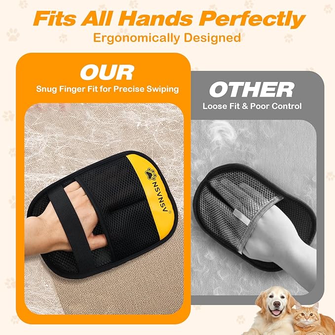 Pet Hair Removal Gloves, Ease of Removal Electrostatic Cat Dog Hair Remover Glove, Reusable Magic Brush Pet Hair Remover Tool for Clothing, Carpet, Sofa Gaps, Car Seat, Yellow, 2PCS