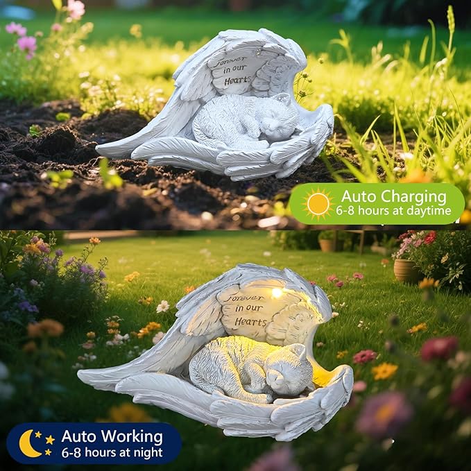 VEEKI Cat Memorial Gifts for Loss of Cat, Peaceful Sleeping Solar Angel Cat Statue Outdoor Waterproof, Resin Cat Figurine Pet Memorial Stone for Garden Grave Markers, Loss of Pet Sympathy Gift (Cat)