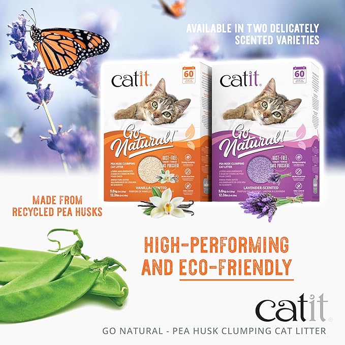 Catit - Go Natural Pea Husk Clumping Cat Litter - Dust Free, Easy Cleaning & Scooping, Flushable Kitty Litter with Odor Control & Subtle Fragrance - 12.3 Lbs, Vanilla Scented