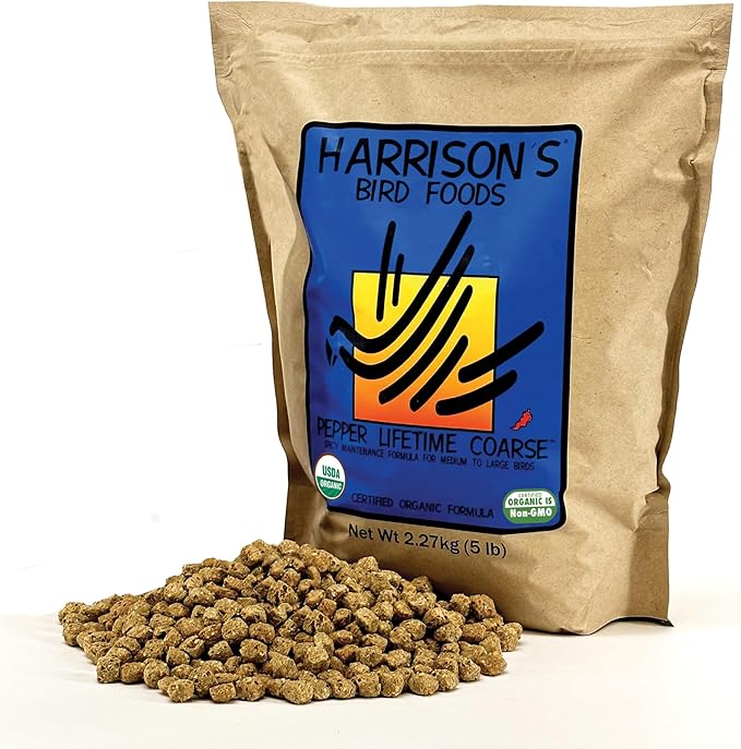 Harrison's Bird Foods Pepper Lifetime Coarse - Certified Organic, Non-GMO Formula for Medium to Large Birds - Premium, Nutrition for Long-Term Health, Vitality & Wellness - 5 lb Bag