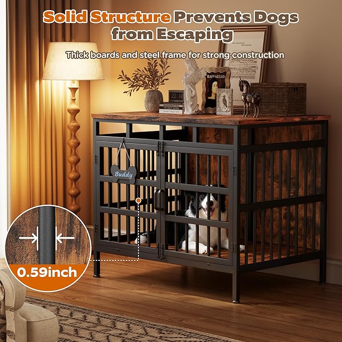 Large Dog Crate Furniture, Wooden Dog Kennel Furniture for Medium Large Dogs, Double-Doors Sturdy Metal Dog Cage for Anxiety Dog, Anti Escape Wooden Cage with Name Tag End Table, TV Stand Brown