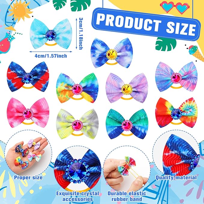 Tondiamo 100 Pack Tie Dye Dog Hair Bows for Dogs Spring Dog Hair Bows with Rubber Bands Puppy Rhinestone Grooming Dog Hair Accessories for Small Girl Dogs