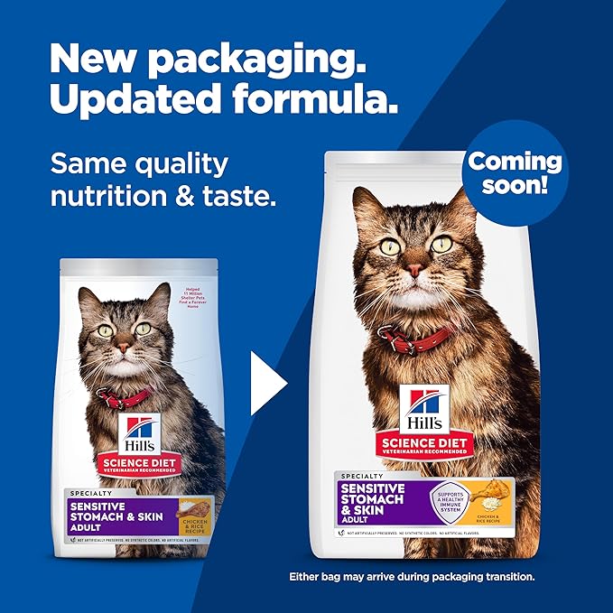 Hill's Science Diet Adult 1-6 Sensitive Stomach & Skin Dry Cat Food, Chicken & Rice, 3.5 lb. Bag (Updated Formula)