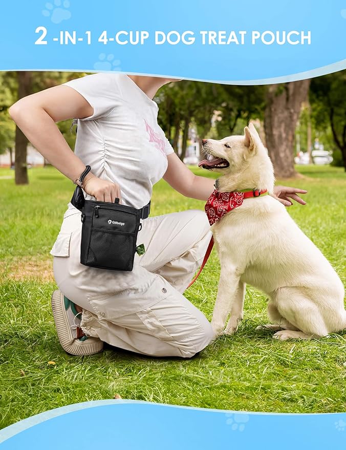 Gobeigo Dog Treat Pouch with Silicone Liner, 【4 Cup】【3 Ways to Wear 】 Treat Bag with Training Clicker, Front Pocket fits All Phones, Upgrade Stronger Magnetic Closure Walking Fanny Pack (Black)