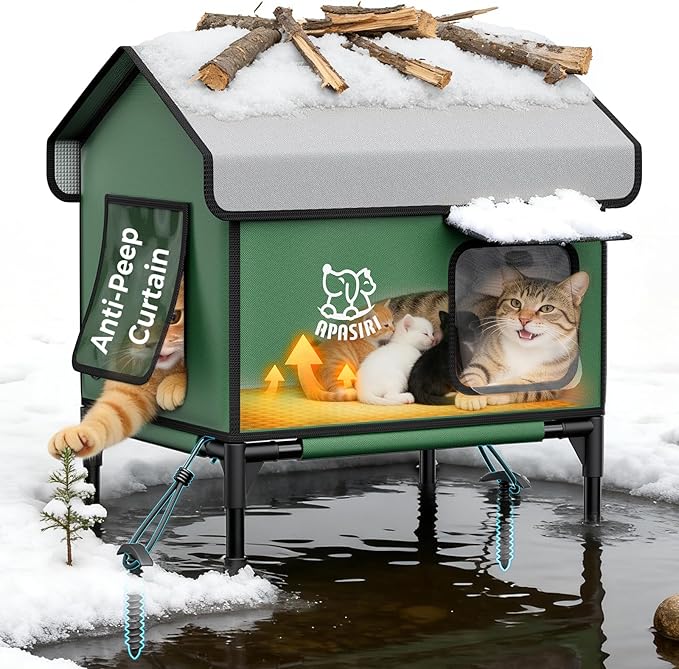 Apasiri Heated Cat House Weatherproof - Insulated Outdoor Cat Shelter with Thermostatic Heating Pad, Water Resistant 900D Oxford Feral Cat House with Anti-Peep Curtains Escape Door for Winter, Large