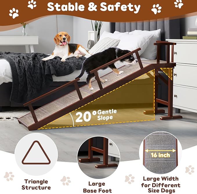Onelike Wooden Dog Ramp for Bed with Removable Side Rail and Non-Slip Carpet, Stable Pet Ramp Stair for Couch Sofa for Small & Large & Senior Dogs, 74" Long Ramp Brown