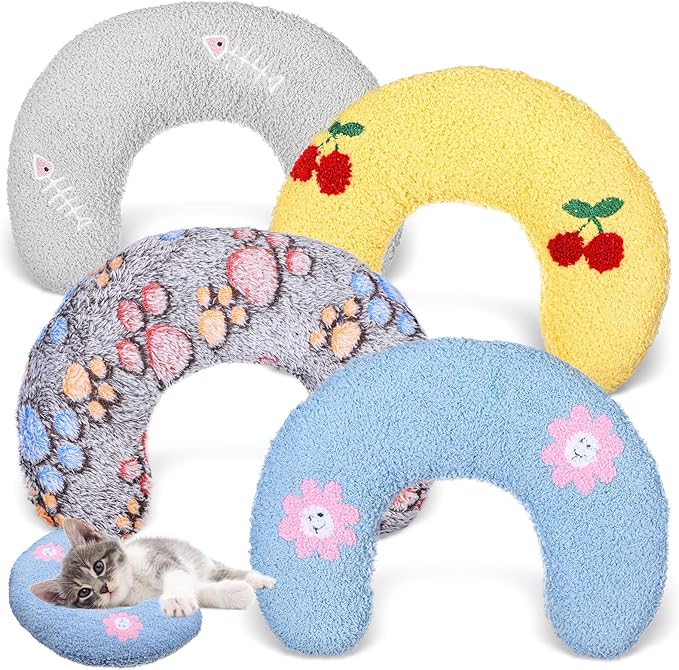 4 Pcs Ultra Soft Fluffy Pet Calming Pillow U Shaped Donut Cat & Dog Bed with Cute Embroidery, Anxiety Relief & Joint Support, Machine Washable
