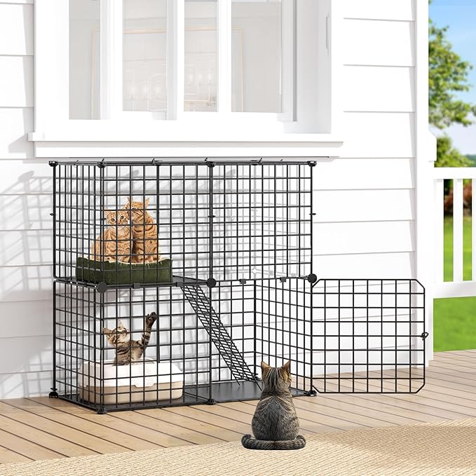 DWVO Cat Enclosure for Kittens, 2-Tier Pet Cage for Small Animals, Kitty Playpen for Indoor Outdoor Black