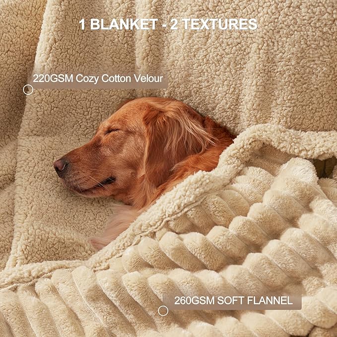 Waterproof Dog Blanket for Large Dogs, Washable Soft Puppy Cat Blanket Flannel Cotton Velour for Sofa Couch Protector, Comfort & Security Reversible Bed Protection for Pet, 50"X60", Khaki