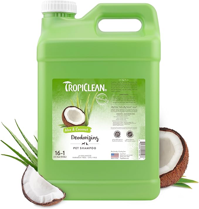 TropiClean Deodorizing Dog Shampoo for Smelly Dogs, Professional Dog Shampoo, Powerful Odor Control, Puppy Safe, Aloe & Coconut Scent, 2.5 Gallon