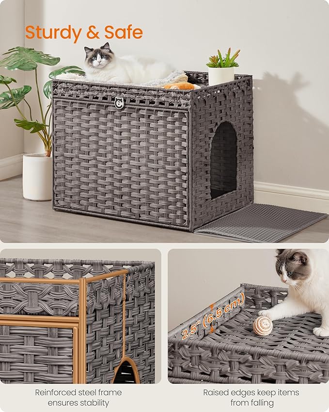 Feandrea Cat Litter Box Enclosure, Handwoven Rattan Hidden Litter Box Furniture with Extra Litter Mat, Removable Washable Tray, Boho Cat House, End Table, Dove Gray UPCL014G01