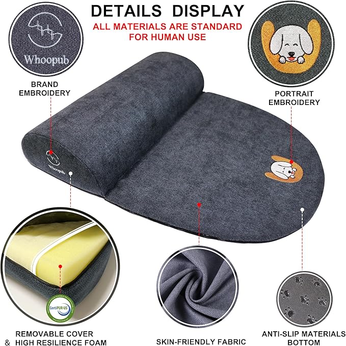 Dog Bolster Pillow for Extra Large Dogs, Benefit for Cervical Vertebra and Neck, Easy to Carry When Traveling, with High Resilience Foam, Machine Washable Cover＆Easy to Clean (Dark Gray, XL)