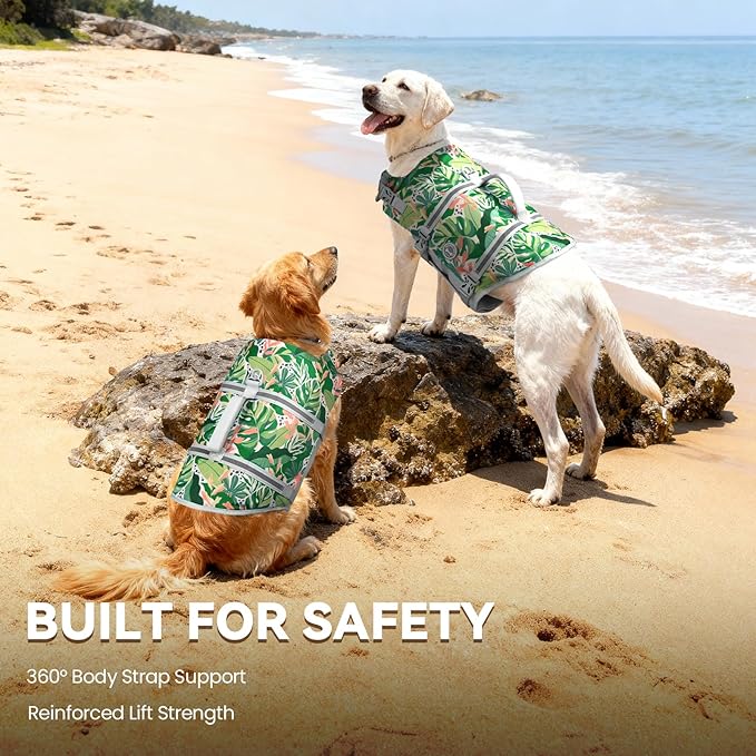 VIVAGLORY Rip Stop Dog Life Vest, Swimming Vest with Handle, Buoyancy for Doggy Puppy, Dog Life Jacket for Swimming & Boating, L, Floral
