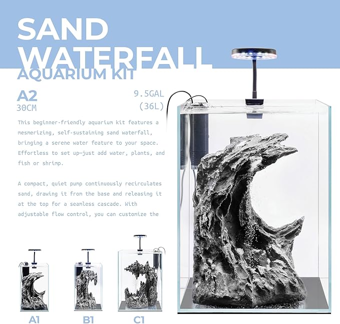 Sand Waterfall Tank Kit - Silent Operation Falling Sand Fish Tank w/LED Light and Self Cleaning Filtration - Desktop Rimless Starter Aquarium Kit, Just Add Plants - 9.51GAL | 36L (A2)