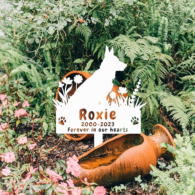 Custom Dog German Shepherd Memorial Grave Marker Metal Dog Burial Stake, Personalized Flowers Dog Memorial Garden Stake, German Shepherd Dog Grave Marker for Outdoors Memorial Dog Plaque