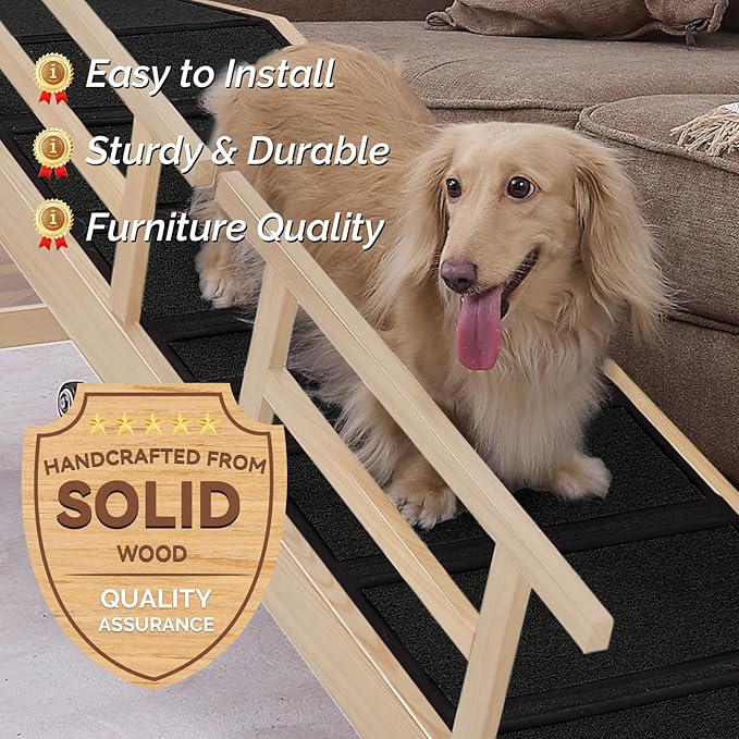 Dog Ramp for Bed or Couch, Wooden Pet Ramp with 20° Gentle Slope, Removable Side Rails, Non-Slip Surface, Top Platform & Wheels, Safe Bed Ramp for Small, Large & Senior Dogs, 60" Long, Natural