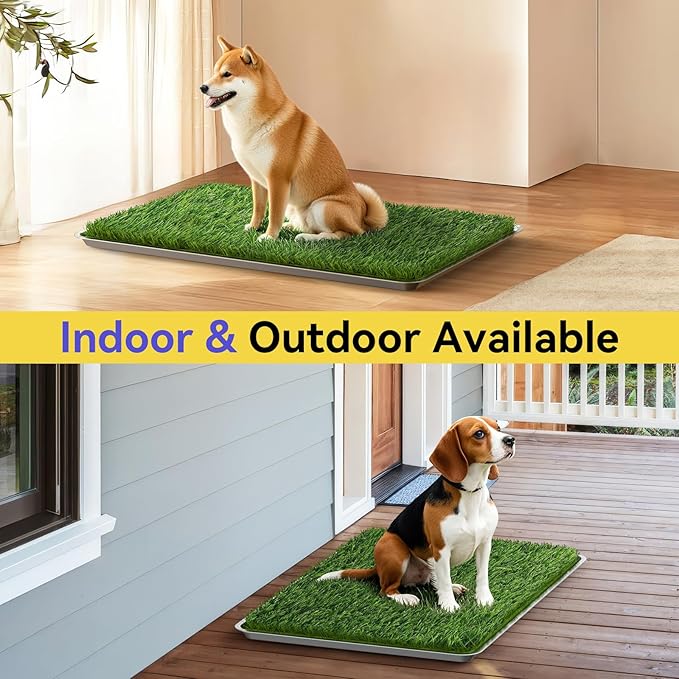 Pawaboo Stainless Steel Dog Grass Pad with Tray, 28'' x 20'' Dog Litter Box with 2pcs Reusable Artificial Grass Mats, Dogs Grasses Potty Tray with Washable Dogs Pee Pad for Balcony Indoor Outdoor Use