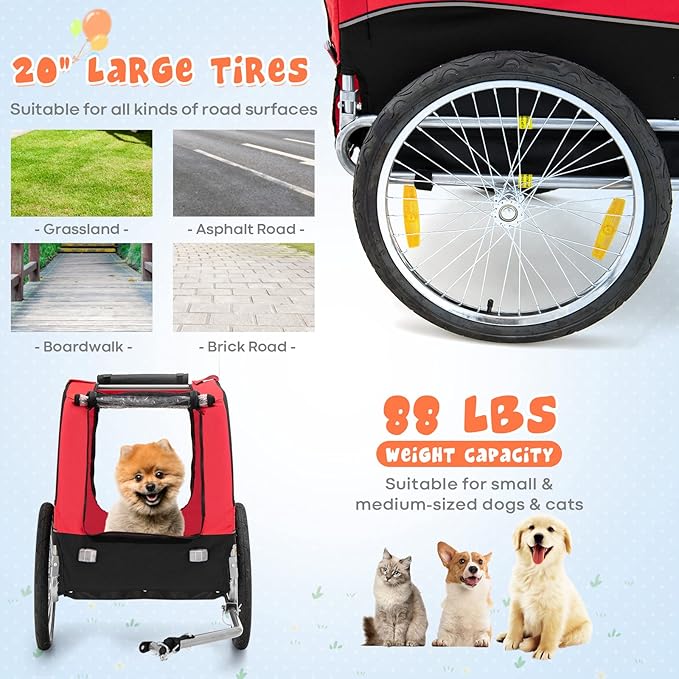 Giantex Dog Bike Trailer, Bicycle Trailer Wagon for Medium and Small Sized Dogs, 20 Inch Wheels, 3 Zippered Doors, 8 Reflectors, 1 Red Flag, Folding Dog Carrier for Bike, Hold up to 88lbs