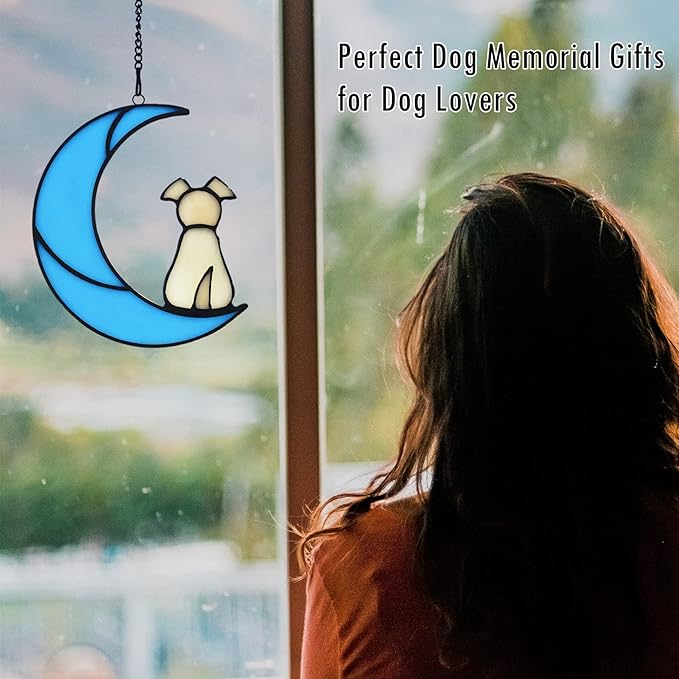 Stained Glass Rainbow Bridge Yellow Dog Memorial Gifts for Loss of Dog Sympathy Remembrance Suncatcher, Angel Wings Pet Loss Bereavement Gifts in Memory of Pet Passing Away Window Hanging.