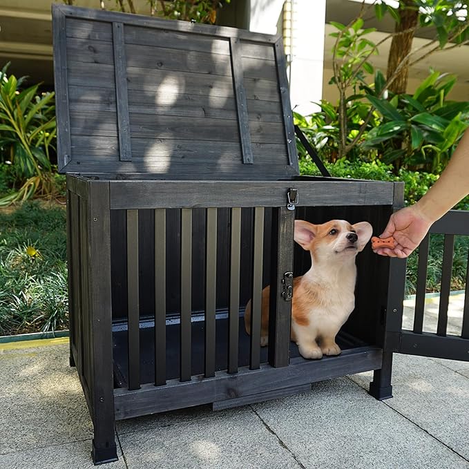 28" Dog Crate Furniture, Fully Assembled Wooden Dog Kennel with Removable Tray, Decorative Pet Crate Dog Cage Indoor Furniture End Table, Portable Pet Cage for Small & Medium Dogs, Black