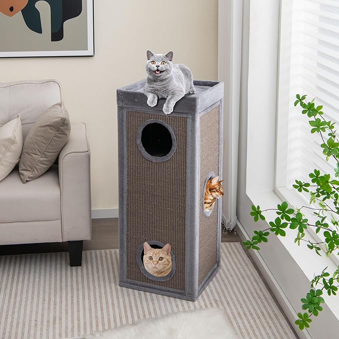 Tangkula 4 Story Cat Tree Condo, 39 Inch Multi-Layer Cat House with Sisal Scratch Pad, 3 Hideaways, Removable Soft Top Plush Bed, Barrel-Shaped Pet House Tower for Indoor Cats, Modern Cat Furniture