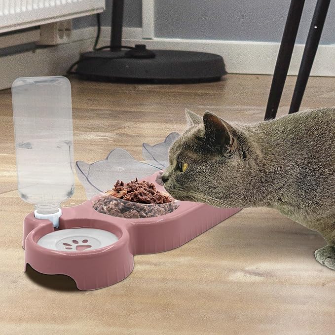 Triple Cat Bowls,15°Tilt 3-in-1 Water Feeder Bowls Cat Double Food Bowls with Automatic Water Bottle Bowl, Whisker Friendly Wet and Dry Cat Elevated Feeding Dishes for Small Cat and Puppy (Pink)