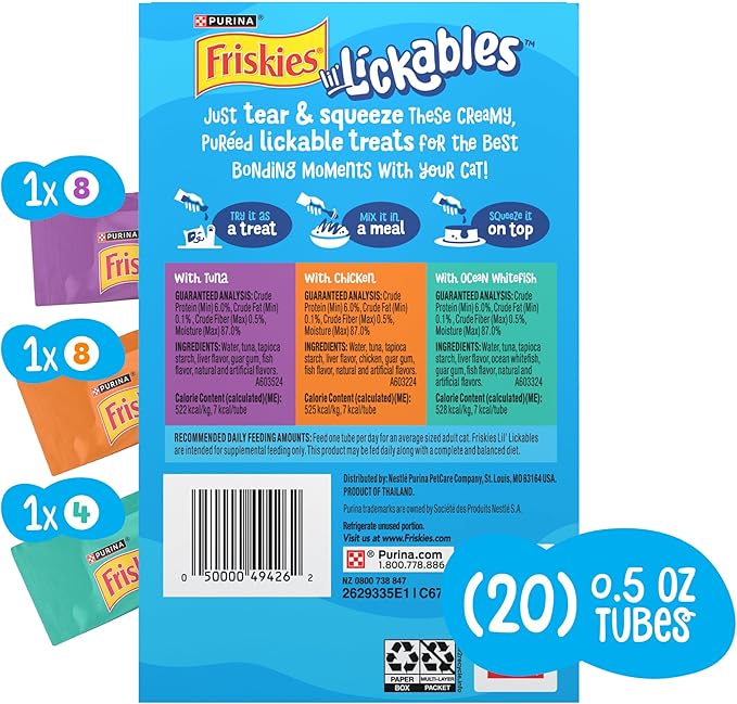 Purina Friskies Lil’ Lickables with Chicken, with Tuna or with Ocean Whitefish Variety Pack Lickable Cat Treats  - 10 oz. (Pack of 20)
