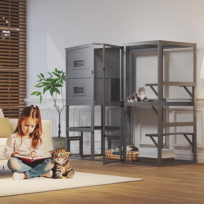 Large Indoor Cat Catio, 4 Tier Outdoor Cat Enclosures House for Cats with Weatherproof Roof, 3 Resting Rooms, 3 Platforms, Cats Catio Connect to Window with 2 Large Door, Feral Pet Shelter