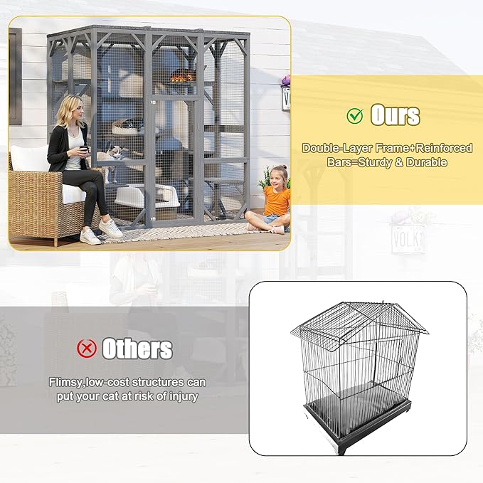 KEIKI Outdoor Cat Enclosure Large, 71" Cat House for Multiple Cats with Waterproof Roof, 3 Tier Cat Cage with 6 Platforms, Weatherproof Outdoor Cat Catio, Gray
