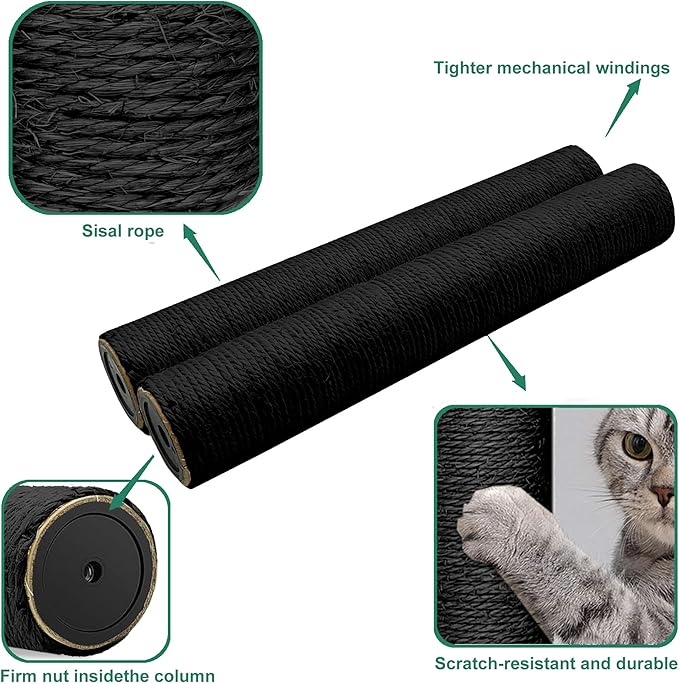 Gothic & Goth Cat Tree Tower Replacement Post - Black, 2 Pack, 15.7in Scratching Post Pole with M8 Screws, Natural Sisal for Cat Tree Repair & Rebuild