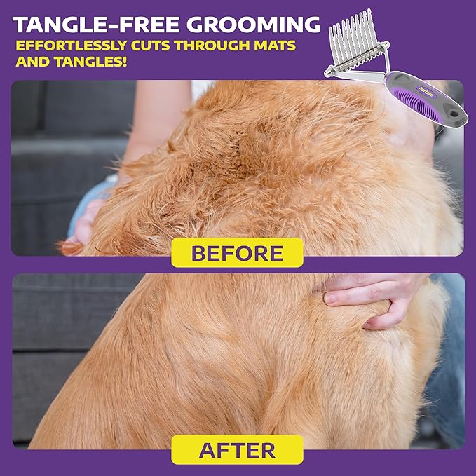 Hertzko Grooming Dematting Comb for Dogs and Cats - Stainless Steel Undercoat Rake for Shedding and Tangled Fur - Ergonomic Handle - Grooming Tool for All Coat Types
