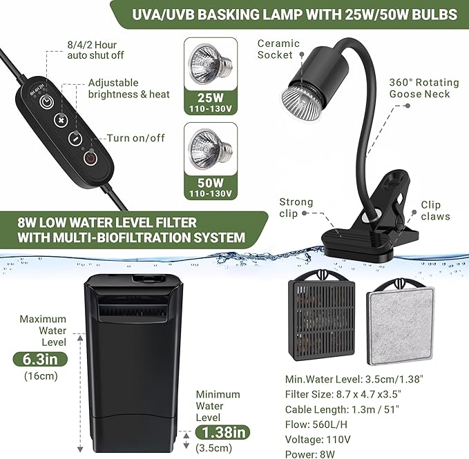 GOZILLA Aquatic Turtle Tank+Lamp+Filter Kit, Upgrade PC Turtle Tank Kit with Adjustable 360°Lamp & Filter,Reptile Habitat Lid,Hanging Platform for Small Reptiles.(19.68× 9.52× 9.44''/Large-Black)