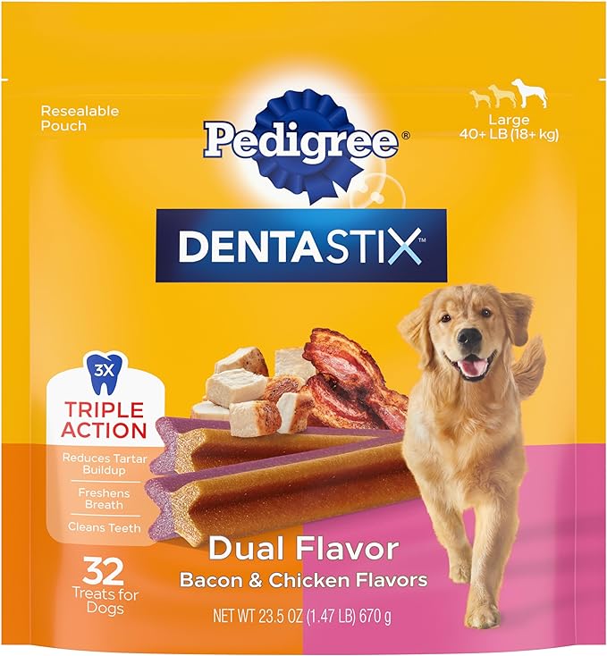 Pedigree Dentastix Dog Dental Treats, Dual Flavor Large Breed Dog Treats, Bacon & Chicken Flavor, 1.47 lb. Bag (32 Treats Total)