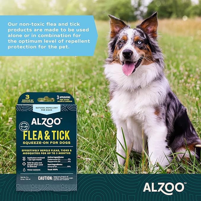ALZOO Natural Flea & Tick Squeeze-On for Dogs, Helps Repel Fleas, Ticks & Mosquitos, Up to 3-Months Protection, Plant-Based Active Ingredients, Water-Resistant, 3 EZ-On Applicators Per Pack