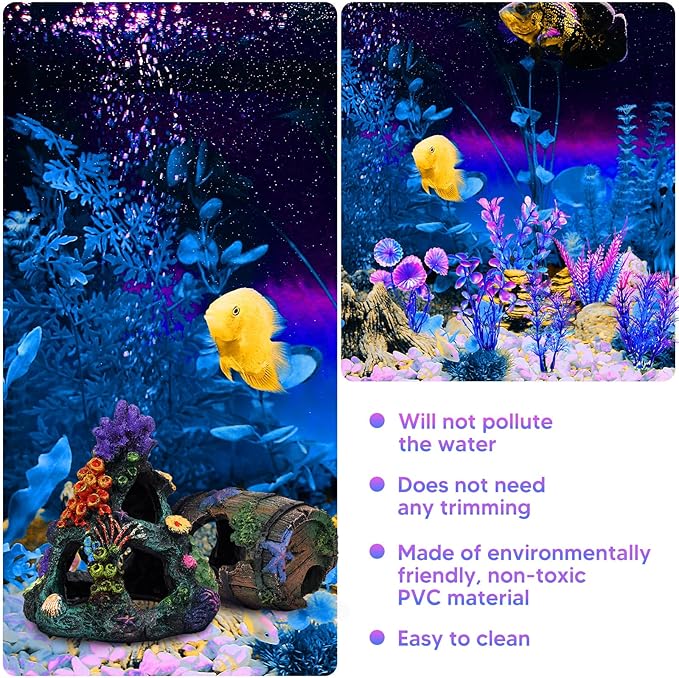 Fish Tank Decoration Betta Fish Aquarium Decorations Accessories, Aquarium Colorful Coral Reef Set, Coral Mountain x 1, Starfish Barrel x 1, Aquarium Decor Plants x 6