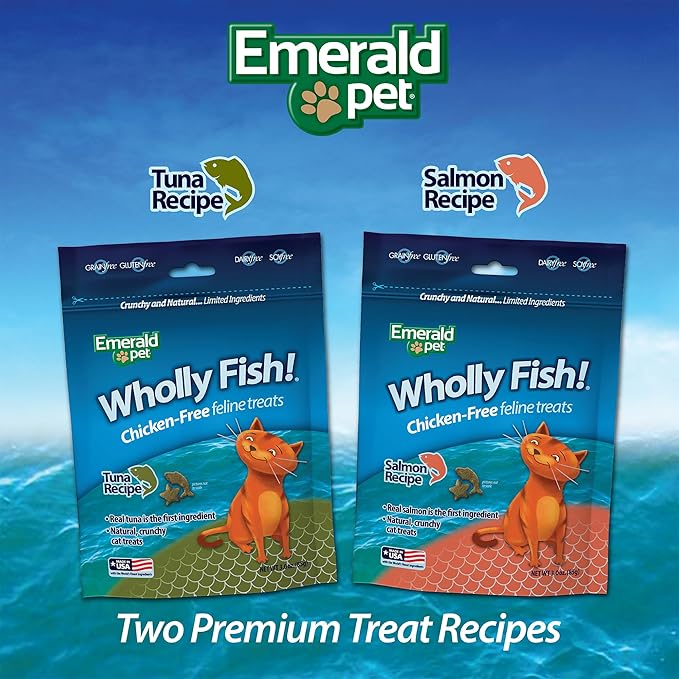 Emerald Pet Wholly Fish! Chicken-Free Feline Treats, Salmon Recipe — Tasty and Crunchy Salmon Cat Treats — Chicken-Free, Grain Free, Natural Cat Treats — Made in USA, 3 oz