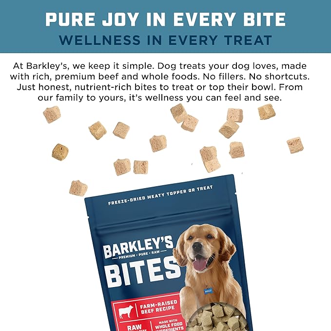 Barkley’s Bag Beef Bites, Freeze Dried Dog Treats and Food Topper, Protein Packed, Made with Beef, Barley, and Quinoa, Small Bite-Sized Pieces for Training Rewards, American Made Dog Snacks, 4 Oz Bag